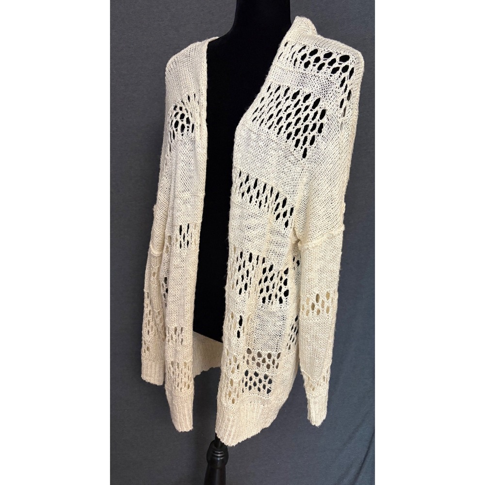 Beige Open Knit Pointelle Longline Cardigan XL Maxi‎ Open Front Open Knit